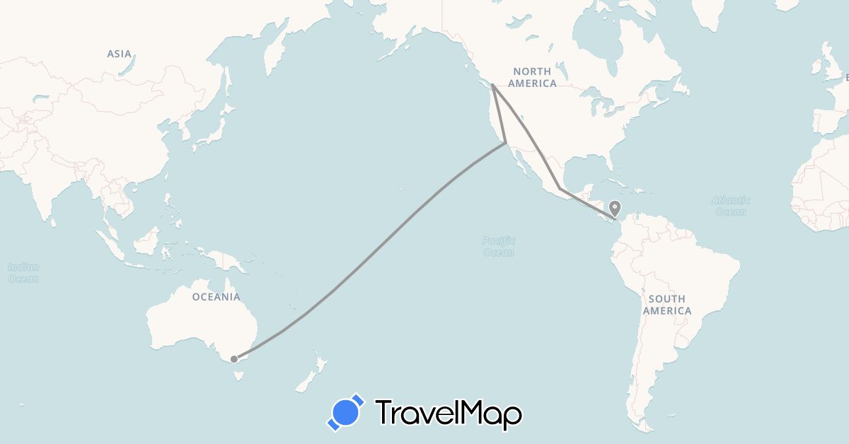 TravelMap itinerary: driving, plane in Australia, Canada, Guatemala, Mexico, Panama, United States (North America, Oceania)